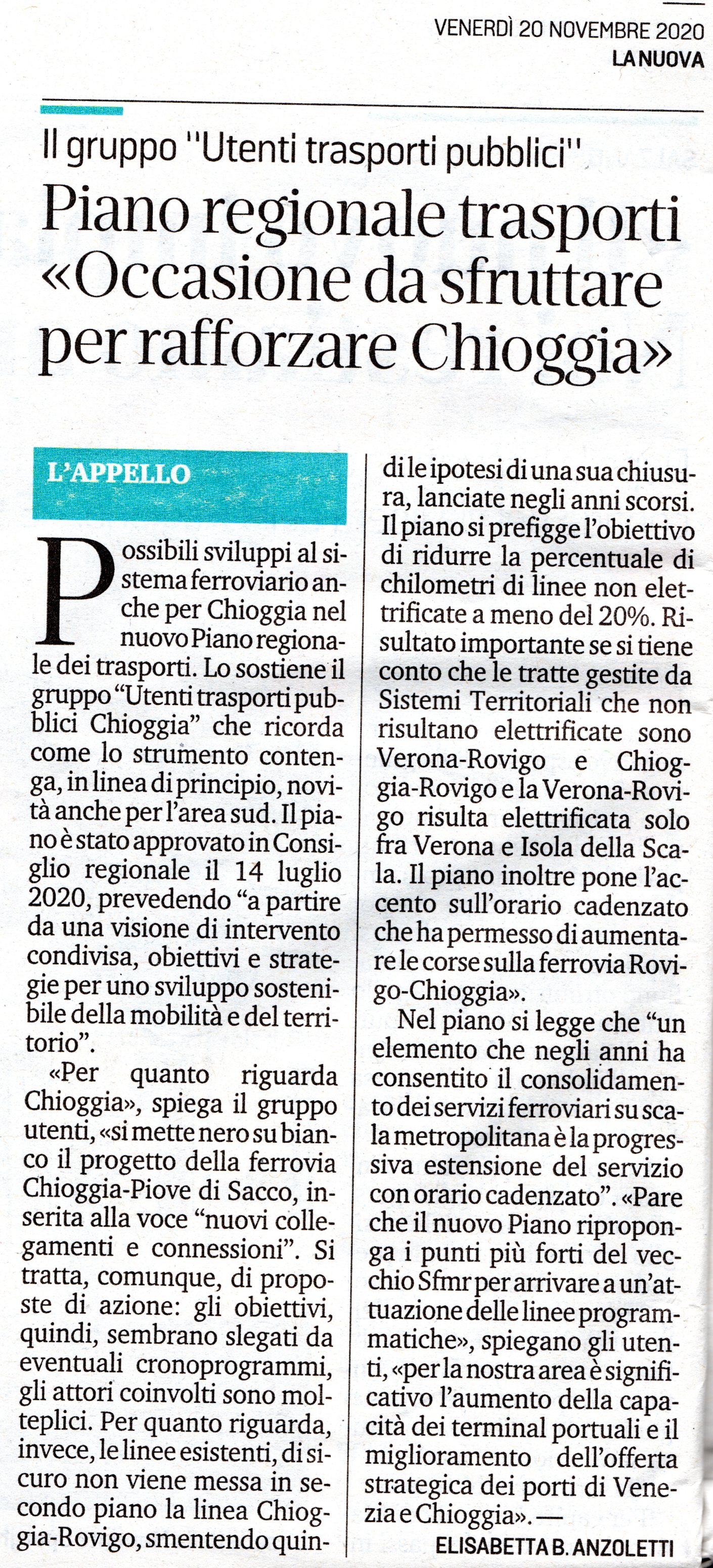 Piano regionale trasporti «Occasione da sfruttare per rafforzare Chioggia» (La Nuova Venezia del 20 novembre 2020)