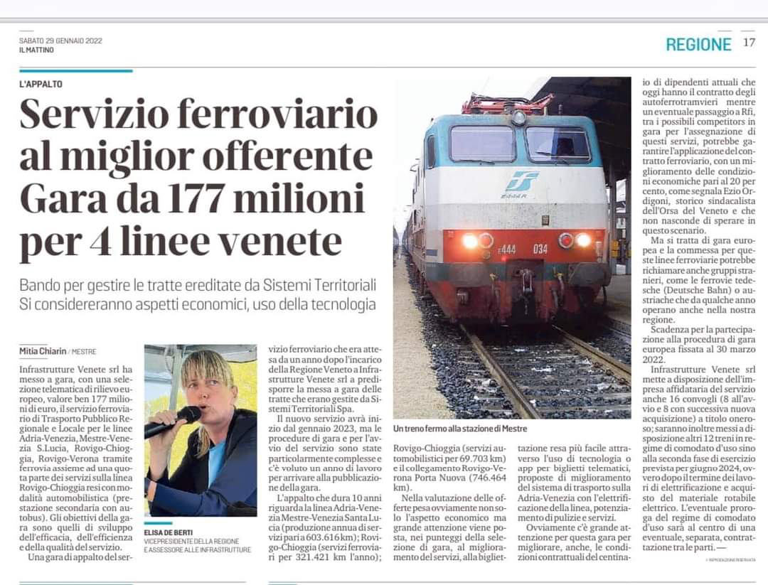 Servizio Ferroviario al miglior offerente Gara da 177 milioni per quattro linee venete