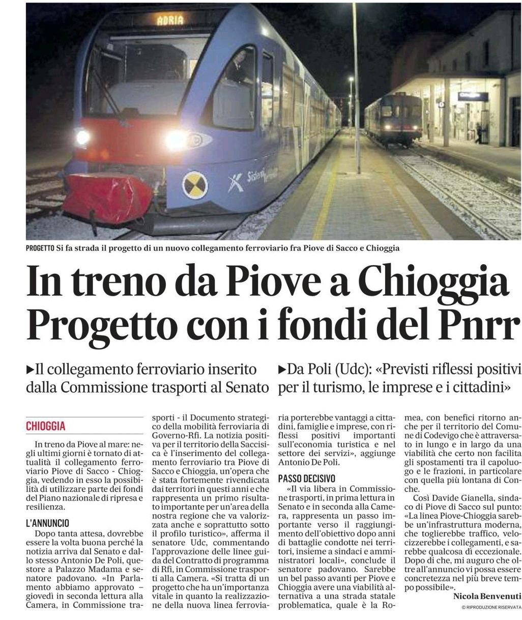 in treno da Piove a Chioggia, progetto con i fondi del Pnrr. Il Gazzettino del 07 marzo 2022.