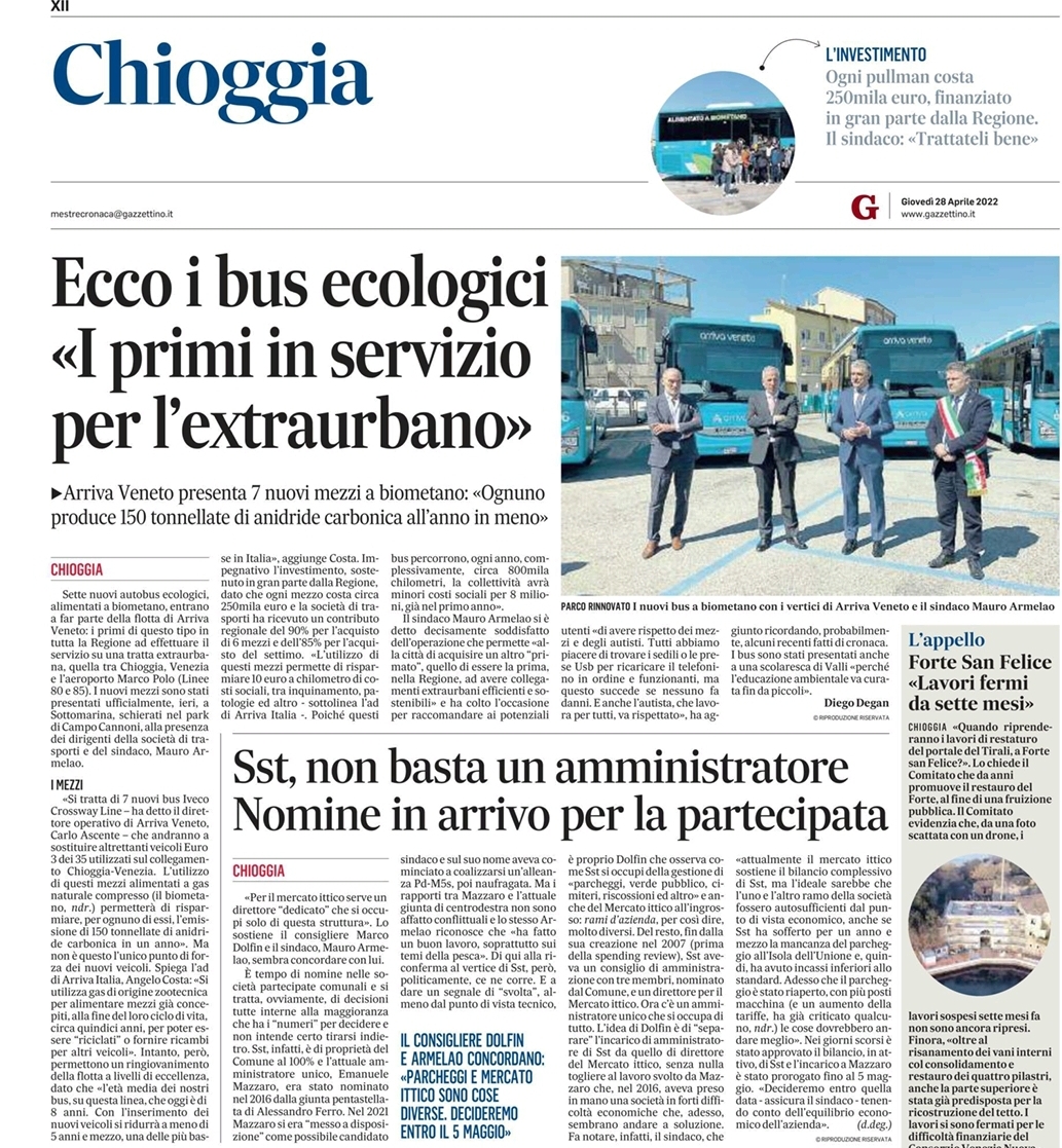 Arriva Veneto ha presentato sette nuovi bus a metano (da Gazzettino di Venezia del 28 aprile 2022)