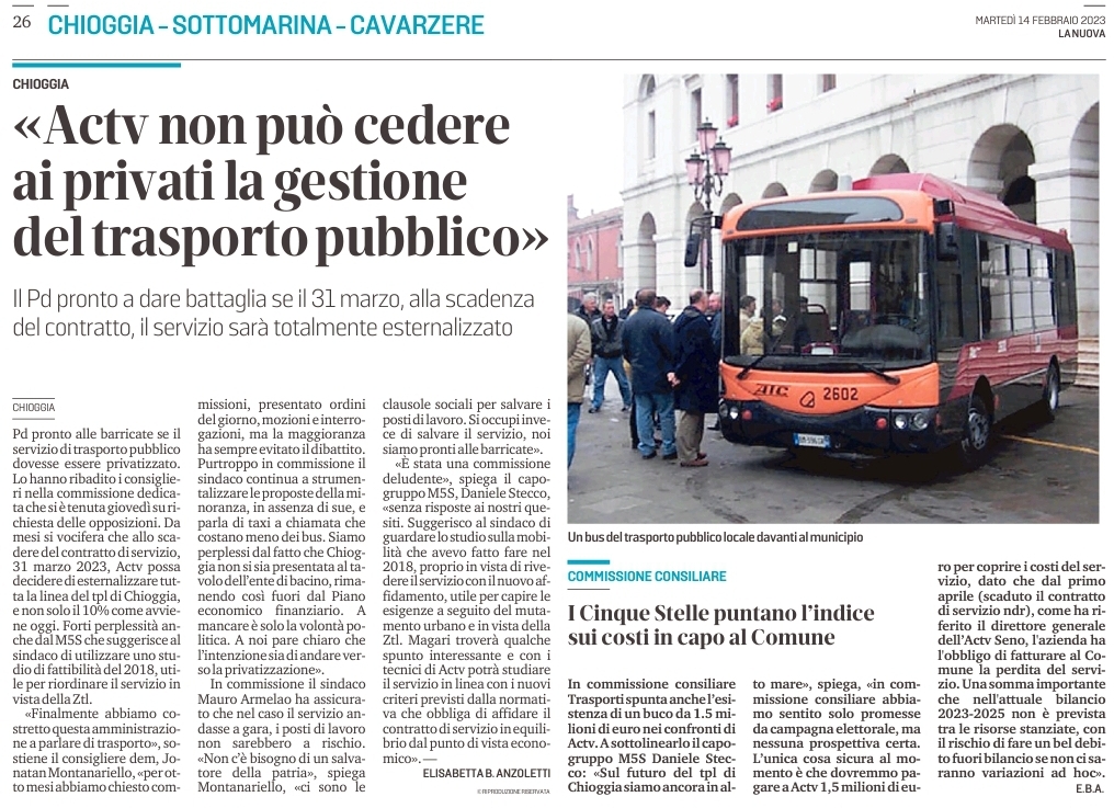 Actv non può cedere ai privati la gestione del trasporto pubblico (la Nuova Venezia del 14 febbraio 2023)