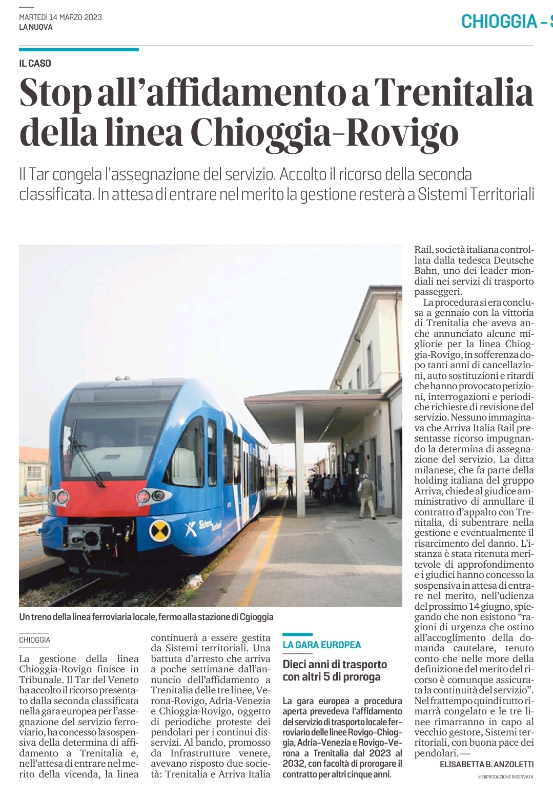 Stop all'affidamento a Trenitalia della linea Chioggia Rovigo ( La Nuova Venezia del 14 marzo 2023)