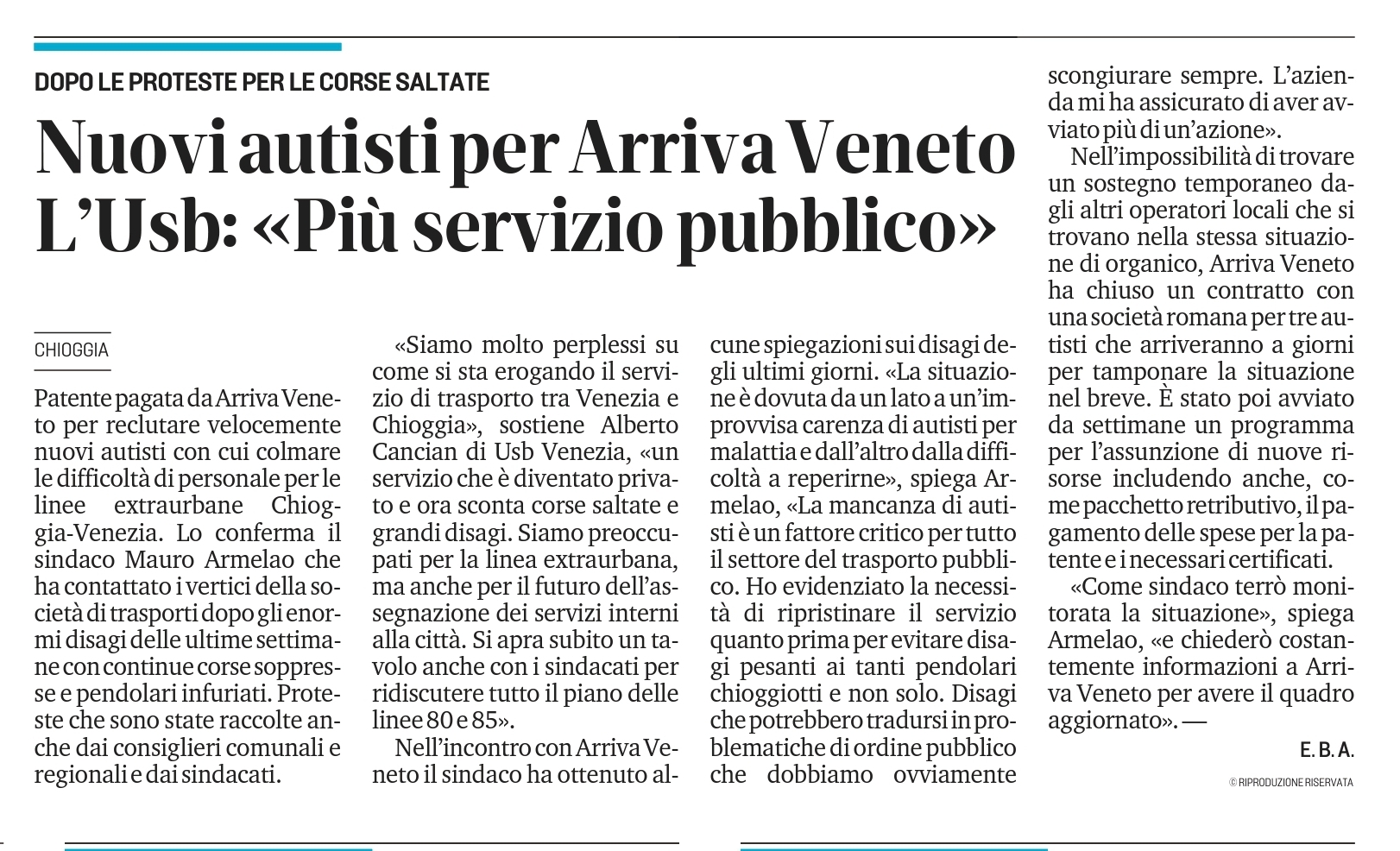 nuovi autisti per Arriva Veneto. L'usb: più servizio pubblico (La Nuova Venezia del 24 maggio 2023)