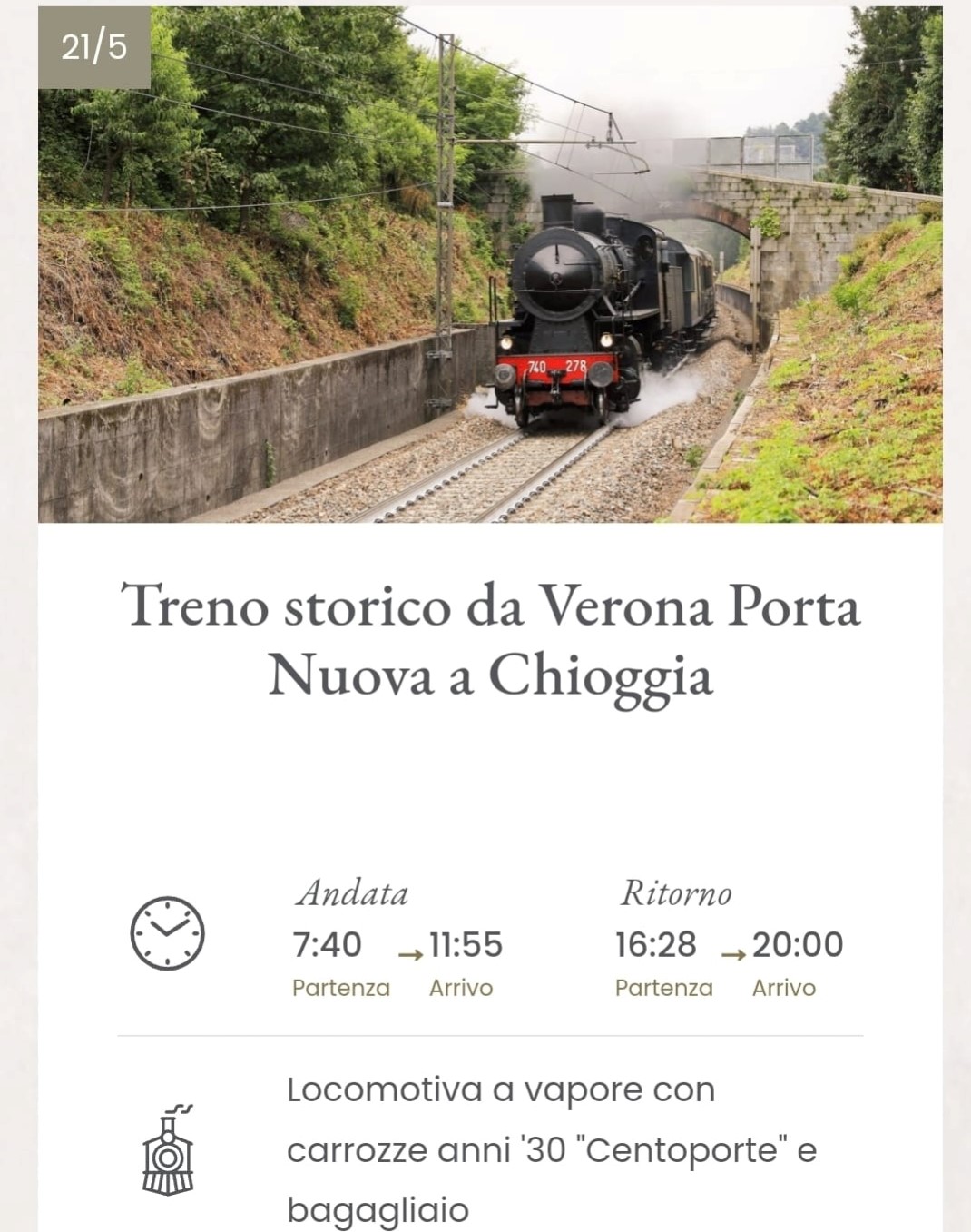 La locandina del treno storico previsto in arrivo a Chioggia il 21 maggio 2023