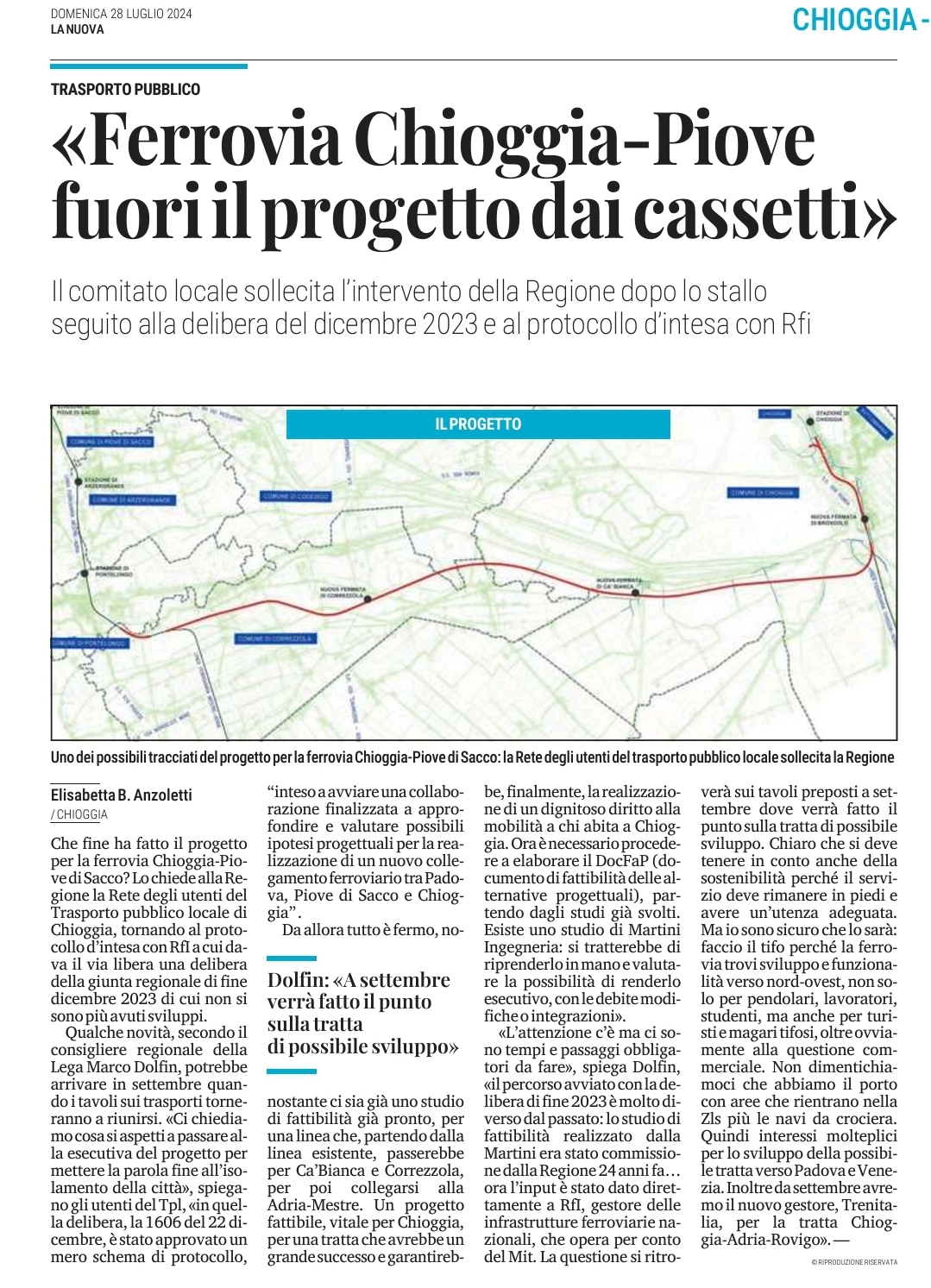 Ferrovia Chioggia-Piove: fuori il progetto dai cassetti (La Nuova Venezia del 28 luglio 2024)